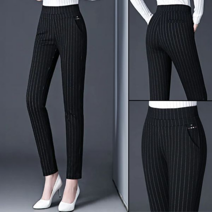 Damenhose schwarz gestreift, elegant, Business-Look, Slim-Fit, hohe Taille, modisch.