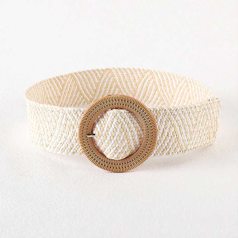 Beiger gewebter Gürtel mit runder Schnalle, Damenmode Accessoire, Sommerstil.