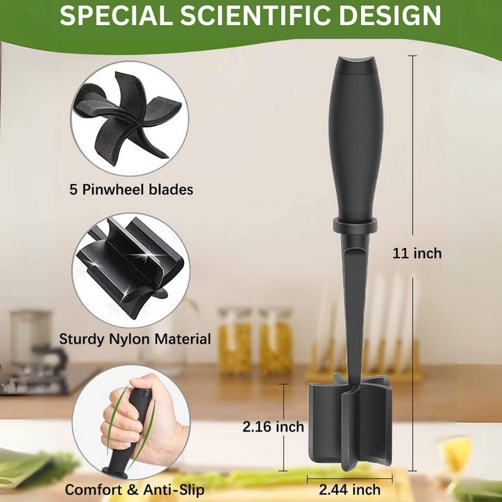 Schwarzer Kartoffelstampfer aus Nylon mit 5-Pinwheel-Klingen, ergonomischer Griff, 11 Zoll.