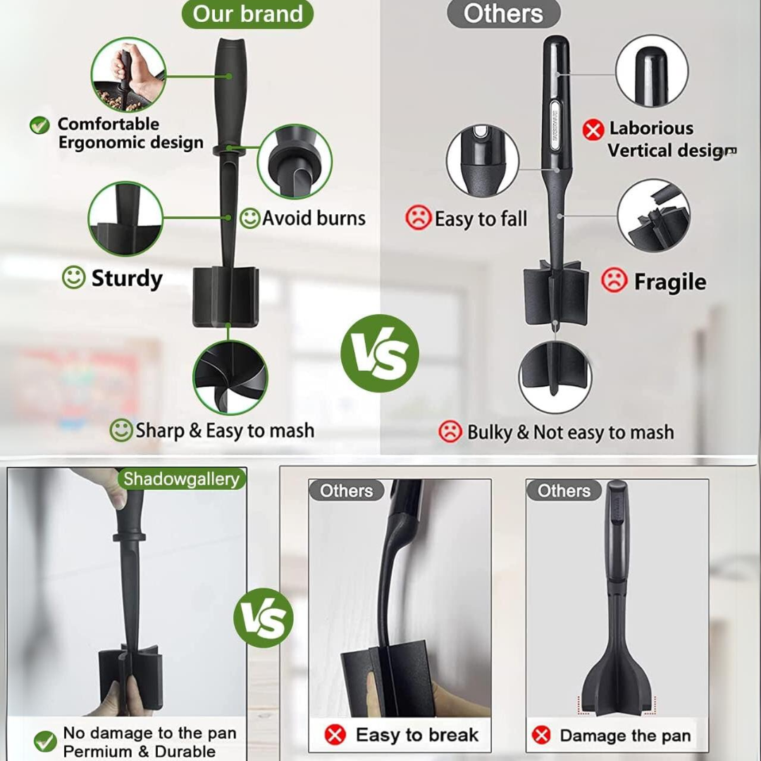 Ergonomischer Kartoffelstampfer, robust, hitzebeständig, leicht zu reinigen, schwarz.