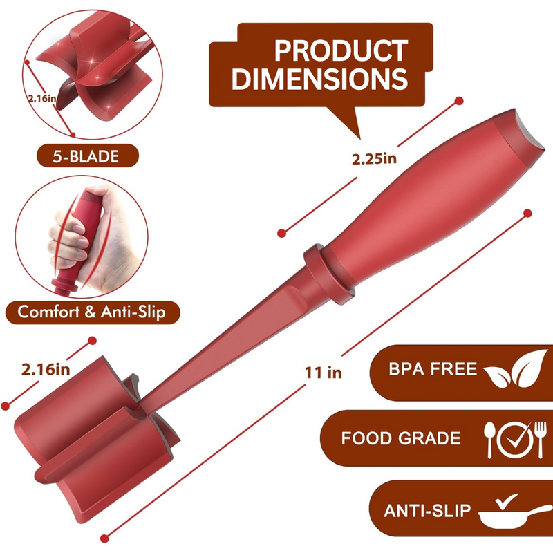 Roter Küchenhelfer mit 5 Klingen, BPA-frei, lebensmittelecht, rutschfest, 11 Zoll.