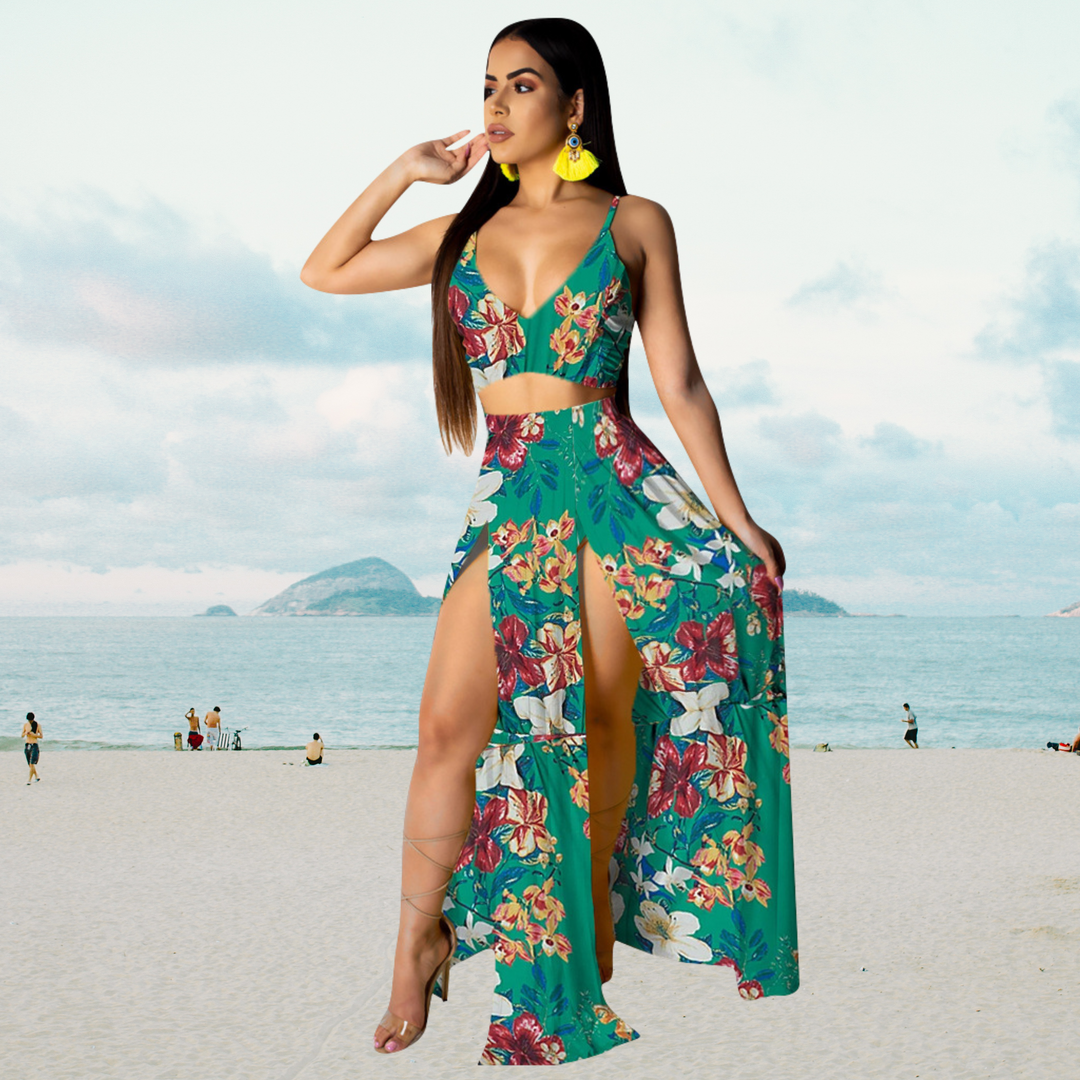 Sommeroutfit mit Spaghettiträger und langem Rock mit Schlitz – Naïma