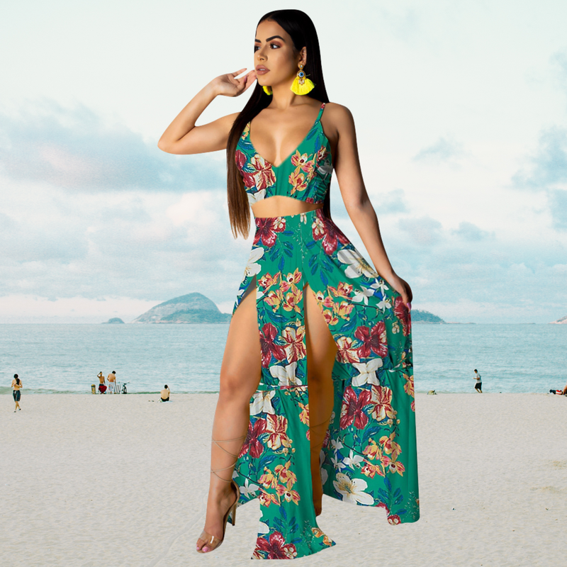 Sommeroutfit mit Spaghettiträger und langem Rock mit Schlitz – Naïma