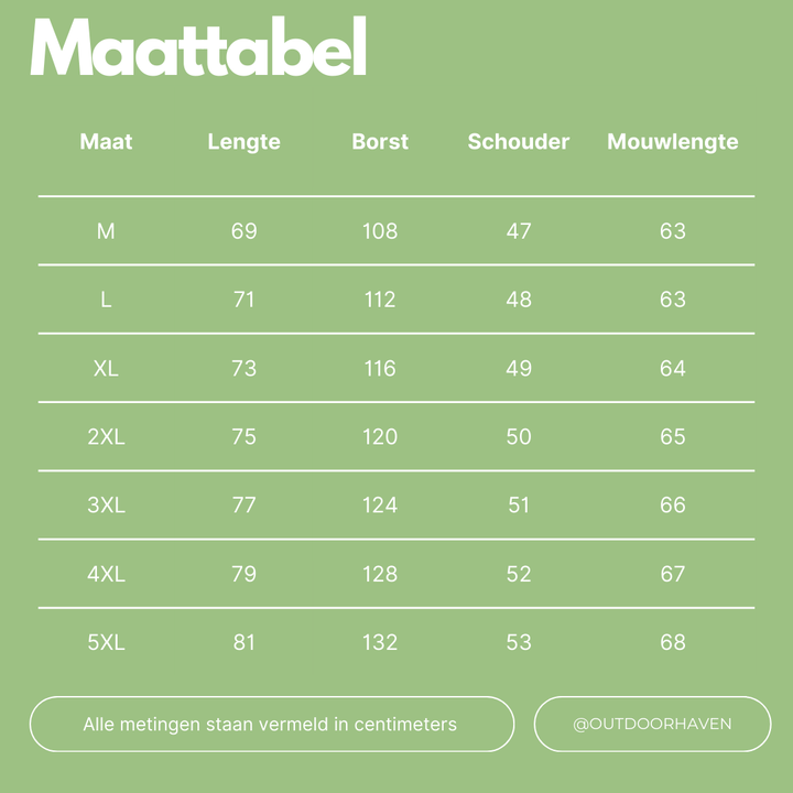 Größentabelle für Kleidung, Maße in cm, Größen M bis 5XL, grüne Hintergrundfarbe.