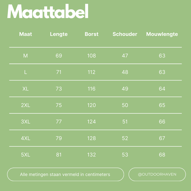 Größentabelle für Kleidung, Maße in cm, Größen M bis 5XL, grüne Hintergrundfarbe.