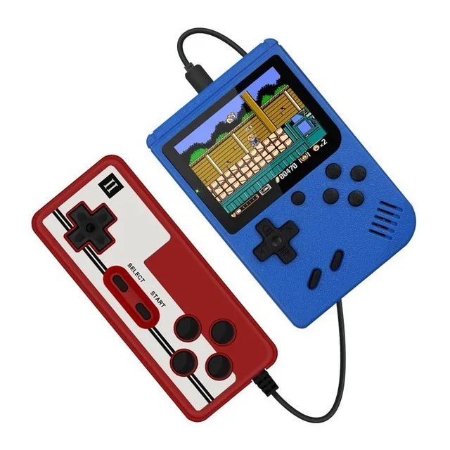 Blaue Retro-Handheld-Konsole mit rotem Controller, 8-Bit-Spiel, tragbar, nostalgisches Gaming.