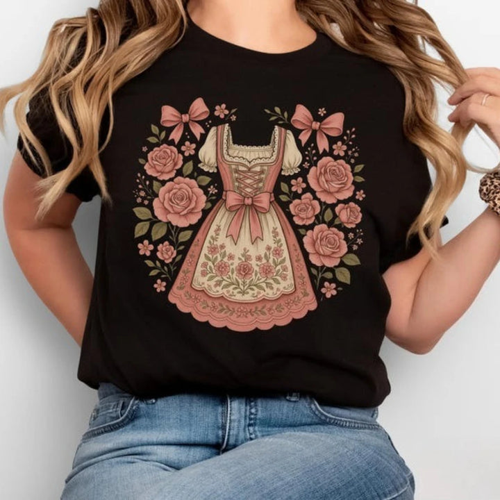 Damen T-Shirt mit Dirndl-Print – RosaBlüte Oktoberfest 2025
