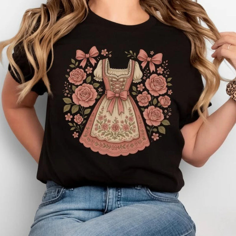 Damen T-Shirt mit Dirndl-Print – RosaBlüte Oktoberfest 2025