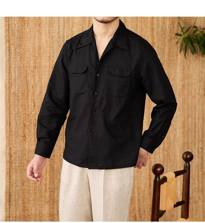 Herbstliches Herrenhemd aus Leinen mit Kubakragen und Langarm – Mateo