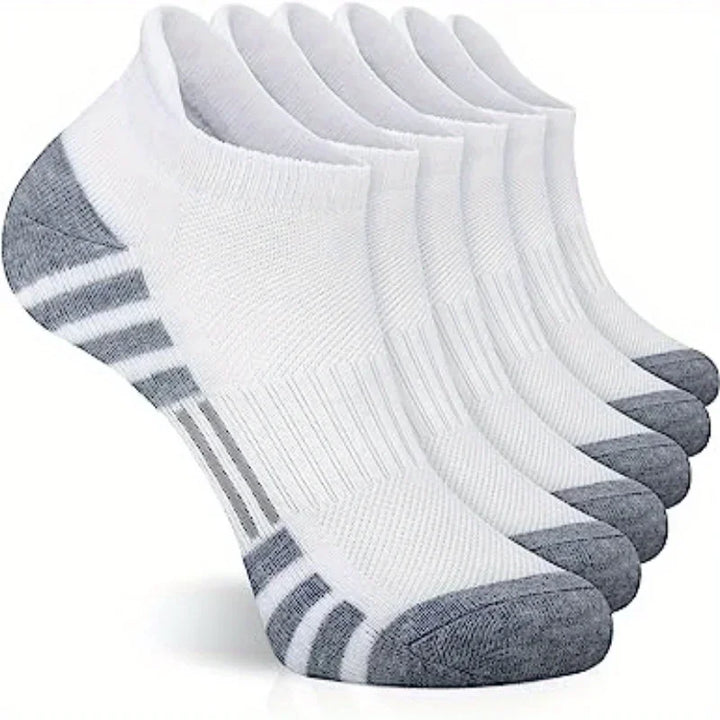 Sechs Paar weiße Sportsocken mit grauen Zehen und Fersen, atmungsaktiv, Baumwolle.