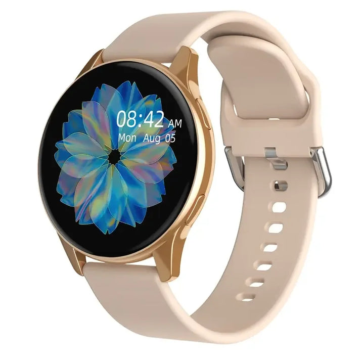 Goldene Smartwatch mit weißem Armband, rundem Display, digitaler Uhrzeit und Datum.
