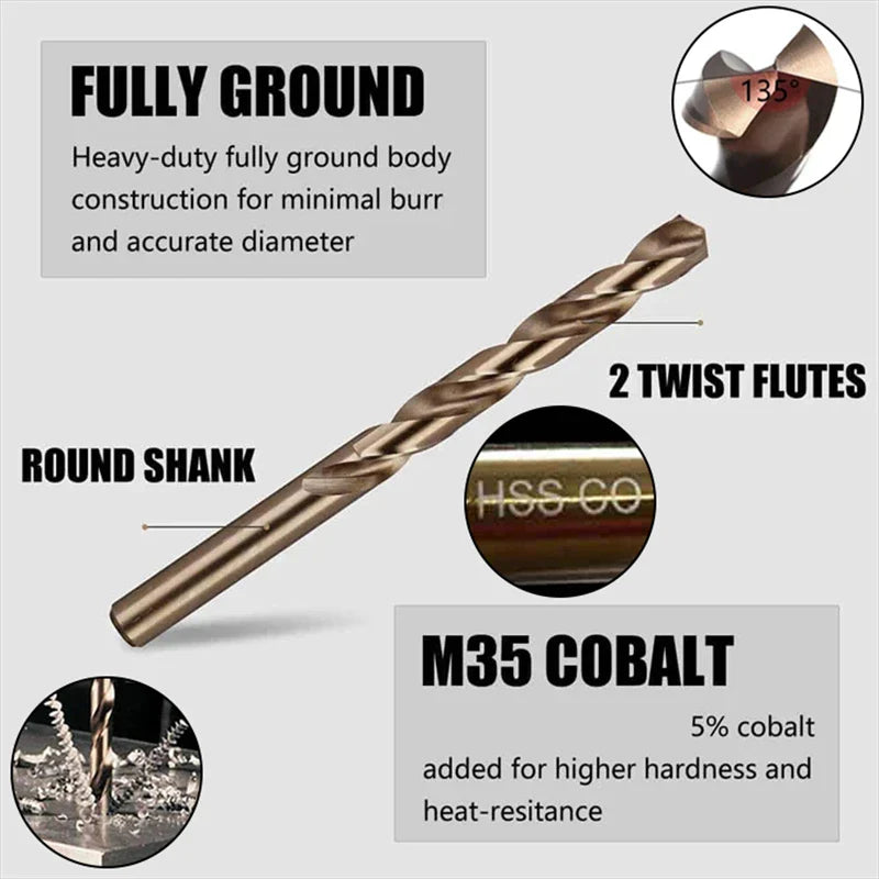 M35 Kobalt Bohrer, vollgeschliffen, 2 Spiralnuten, runder Schaft, hitzebeständig, langlebig.