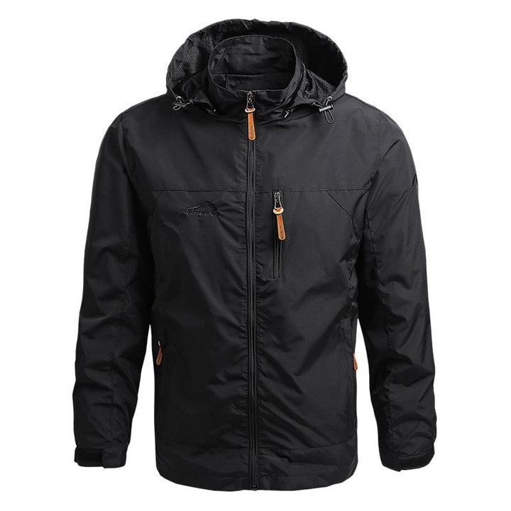 Schwarze Herren-Windjacke mit Kapuze, wasserabweisend, Reißverschlusstaschen, Outdoor-Bekleidung.
