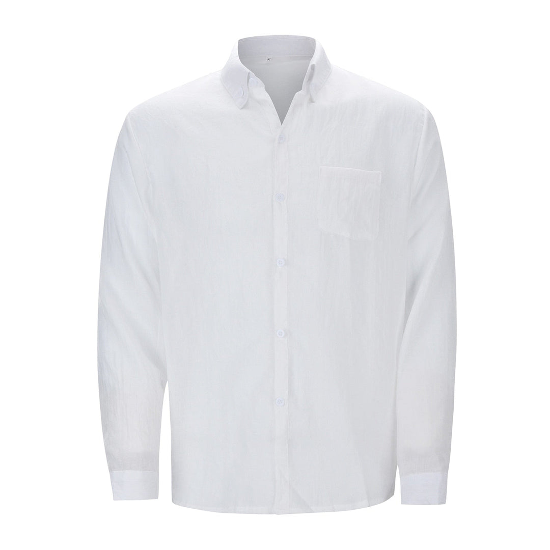 Weiße Herrenhemd aus Baumwolle, langärmelig, klassischer Kragen, Knopfleiste, elegant.