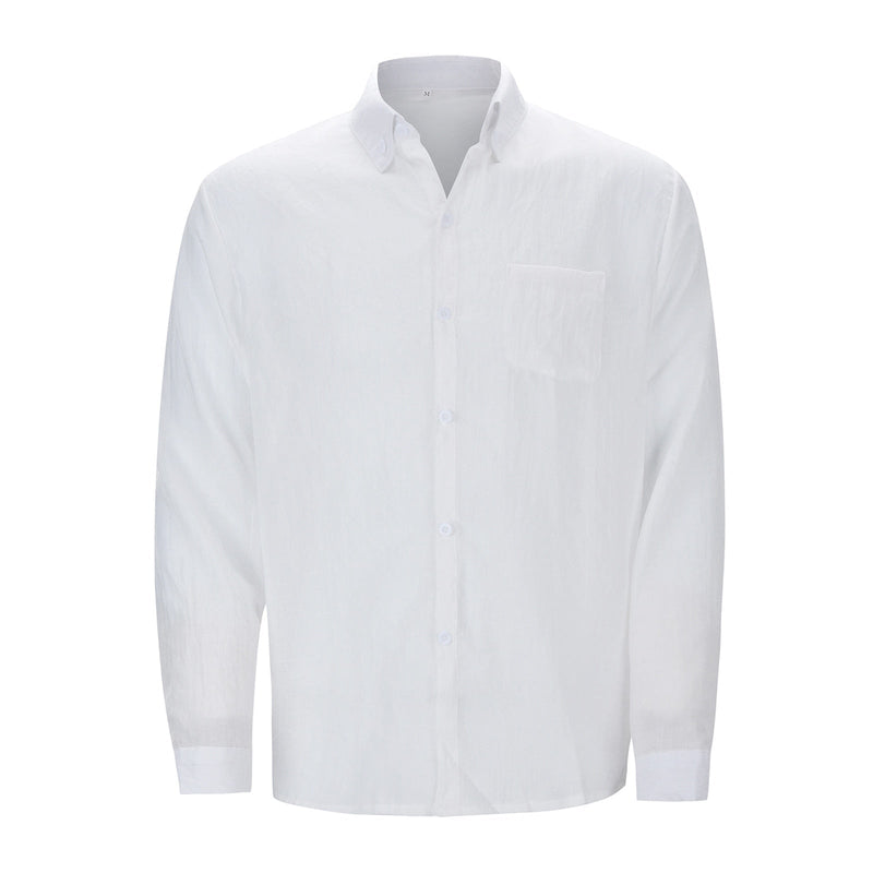 Weiße Herrenhemd aus Baumwolle, langärmelig, klassischer Kragen, Knopfleiste, elegant.