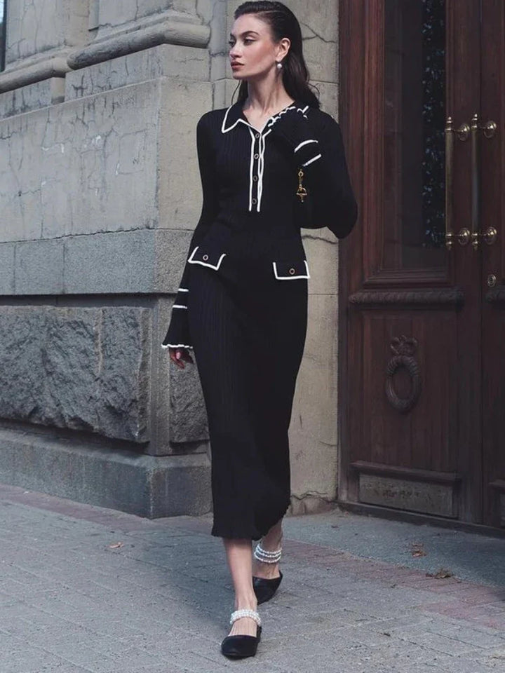 Damen Strick-Maxikleid mit hoher Taille & Rüschen – Isolde