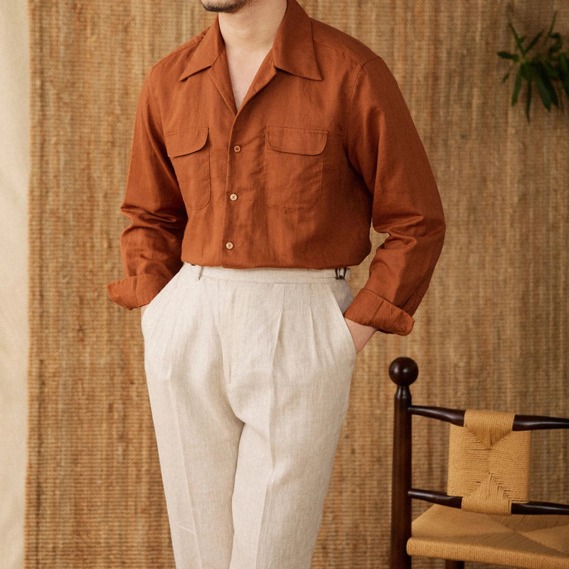 Herbstliches Herrenhemd aus Leinen mit Kubakragen und Langarm – Mateo