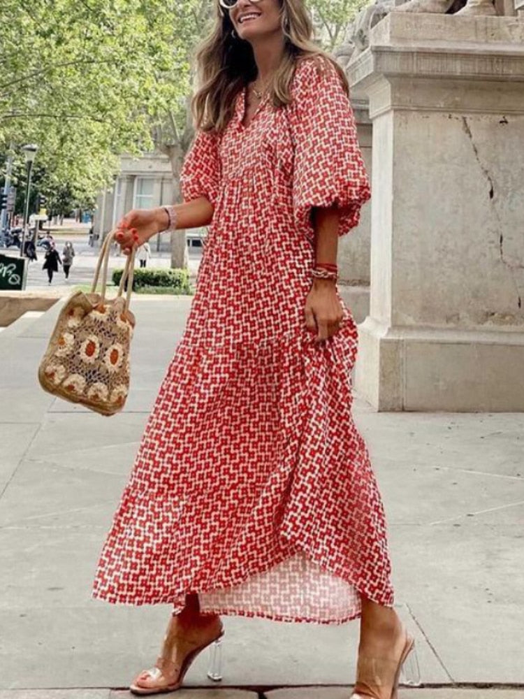 Herbstliches bedrucktes Maxikleid mit Taillenbund – Aurelia