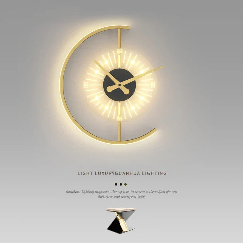 Goldene LED-Wanduhr mit Halbmond-Design, moderne Beleuchtung, dekorative Uhr.