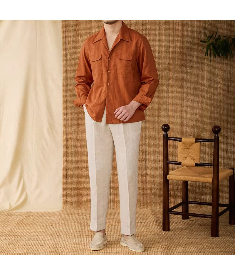 Herbstliches Herrenhemd aus Leinen mit Kubakragen und Langarm – Mateo