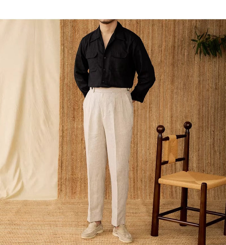 Herbstliches Herrenhemd aus Leinen mit Kubakragen und Langarm – Mateo