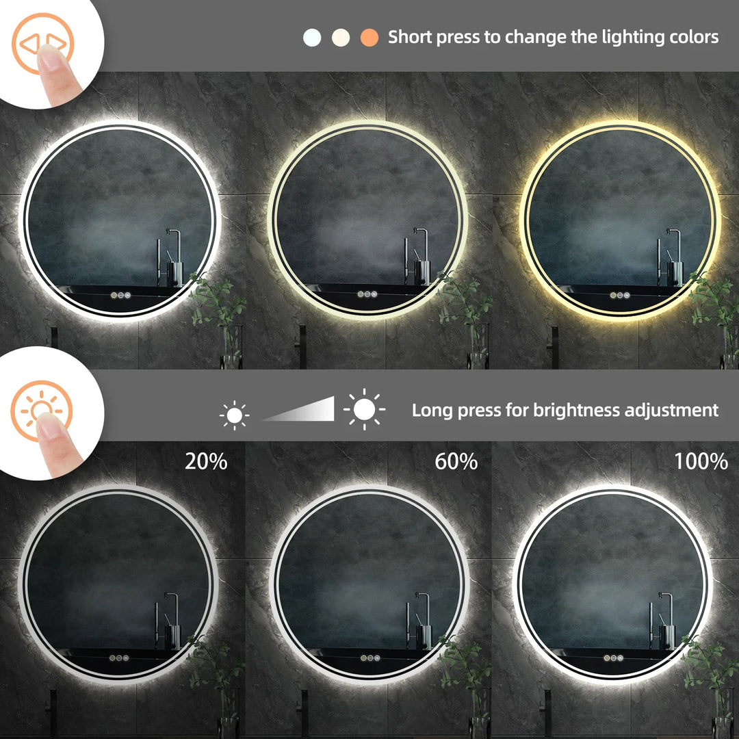 Runder LED-Spiegel mit dimmbarer Beleuchtung, Touch-Bedienung, Badezimmer, modern, energiesparend.