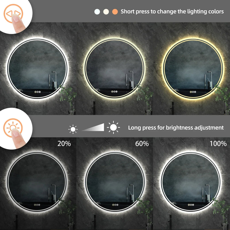 Runder LED-Spiegel mit dimmbarer Beleuchtung, Touch-Bedienung, Badezimmer, modern, energiesparend.