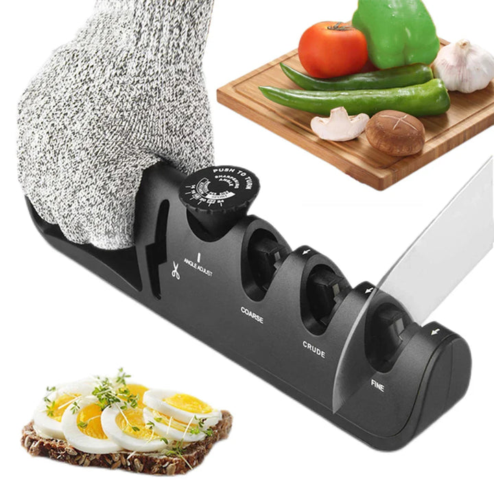 Messerschärfer mit drei Stufen, schwarz, für Küchenmesser, inklusive Handschuh, Gemüse im Hintergrund.