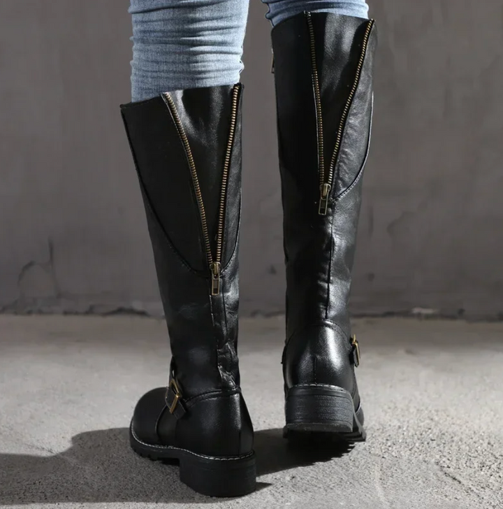 Schwarze Lederstiefel mit Reißverschluss, Damenmode, kniehoch, robust, elegant