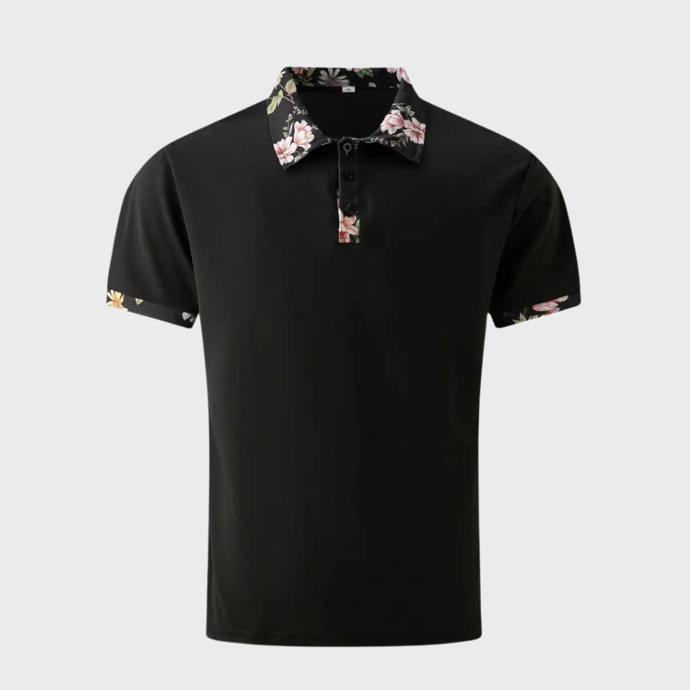 Schwarzes Herren-Poloshirt mit Blumenmuster-Kragen, Kurzarm, Baumwolle.