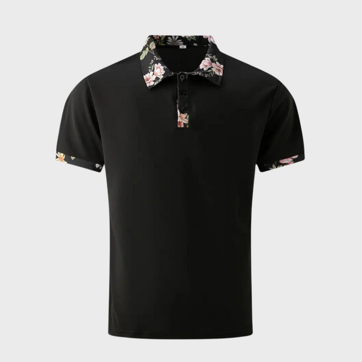 Schwarzes Herren-Poloshirt mit Blumenmuster-Kragen, Kurzarm, Baumwolle.