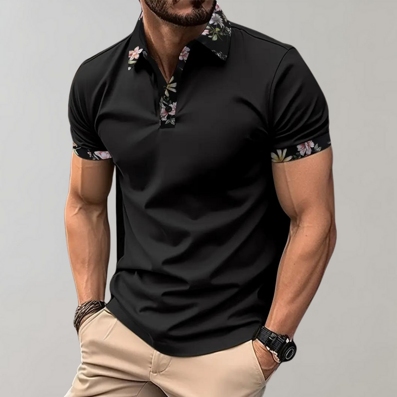 Schwarzes Herren-Poloshirt mit Blumenmuster, kurzärmelig, modisch, elegant.