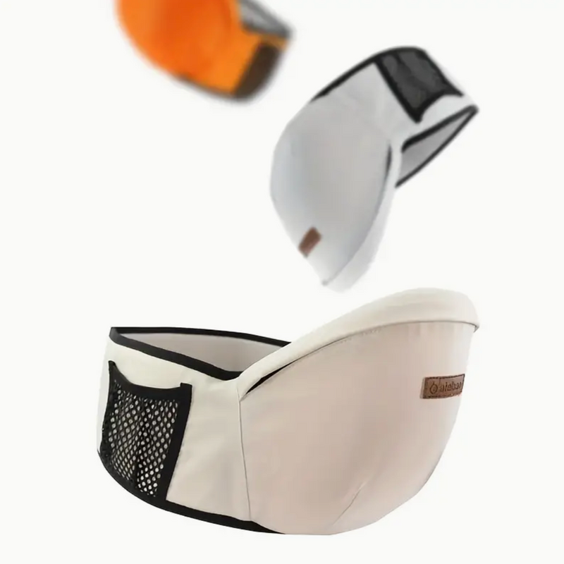 Weiße Babytrage mit Netzseitentaschen, ergonomisch, bequem, verstellbar, für Neugeborene.