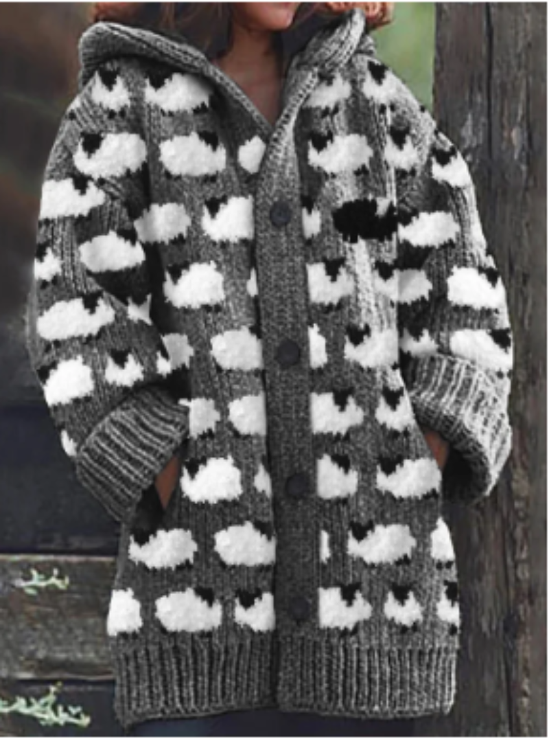 Grauer Strickmantel mit Schafmuster, Kapuze und Knöpfen, Damenmode, warm und gemütlich.