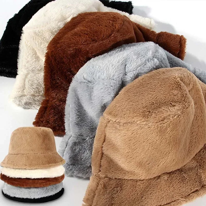 Flauschige Bucket Hats in Braun, Grau, Beige und Schwarz, Wintermode Accessoire, Unisex.
