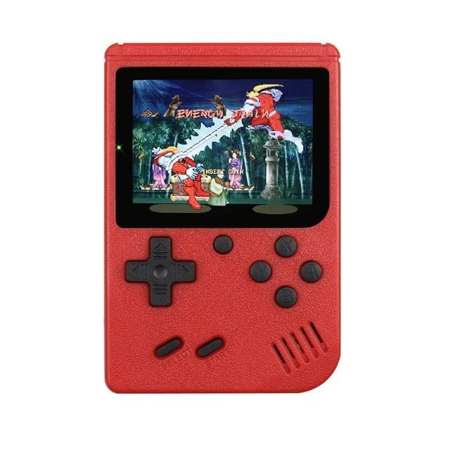 Rote Retro-Handheld-Konsole mit Spiel, tragbare Spielekonsole, klassisches Design.