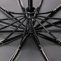 Schwarzer Regenschirm, Nahaufnahme der Streben, stabil, wetterfest, hochwertiges Design.