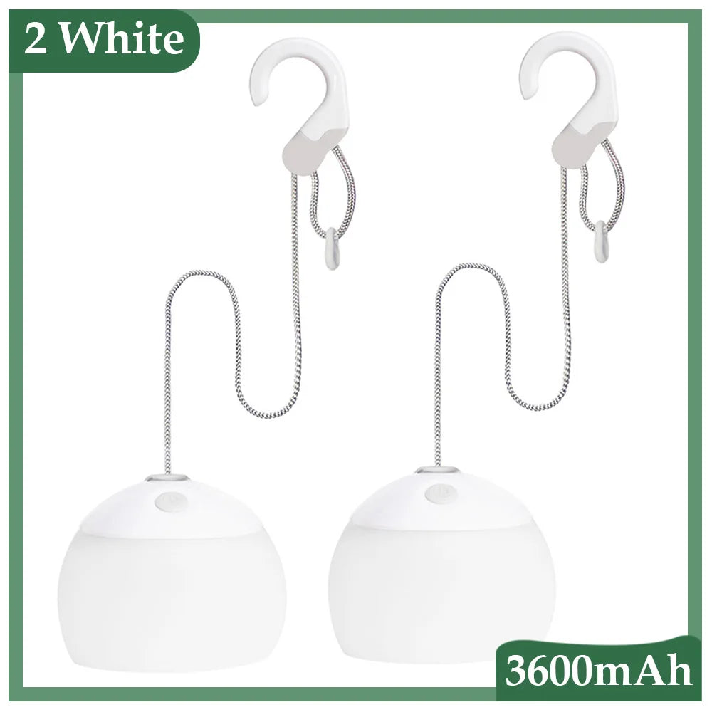 Zwei weiße LED-Campinglampen mit Haken, 3600mAh Akku, tragbar, energiesparend.