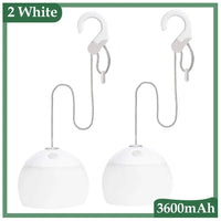 Zwei weiße LED-Campinglampen mit Haken, 3600mAh Akku, tragbar, energiesparend.