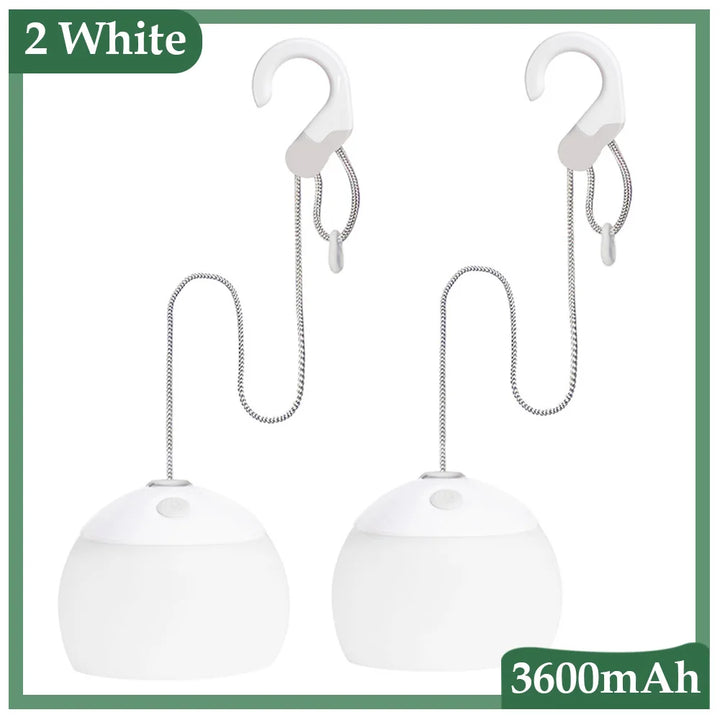 Zwei weiße LED-Campinglampen mit Haken, 3600mAh Akku, tragbar, energiesparend.
