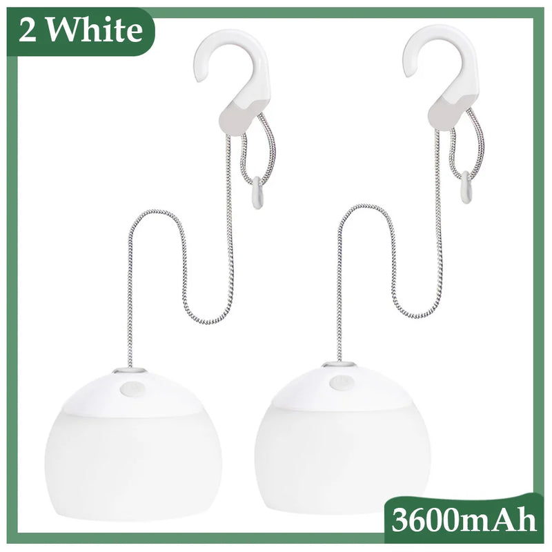 Zwei weiße LED-Campinglampen mit Haken, 3600mAh Akku, tragbar, energiesparend.