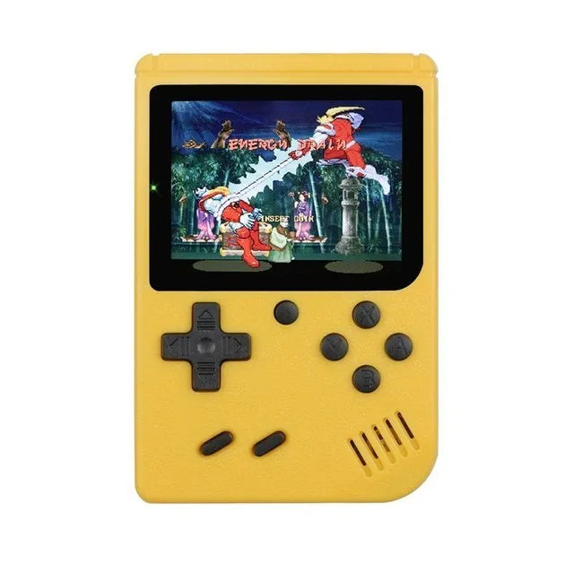 Gelbe Retro-Handheld-Konsole mit Spiel auf dem Bildschirm, Steuerkreuz und Tasten.