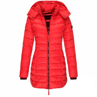 Rote Damen-Daunenjacke mit Kapuze, gesteppte Winterjacke, modisch und warm.