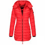 Rote Damen-Daunenjacke mit Kapuze, gesteppte Winterjacke, modisch und warm.