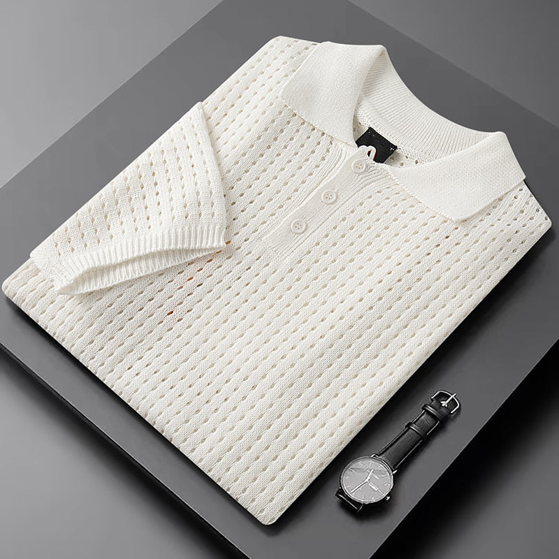 Weiße Luftige Herren Polo mit Feiner Strickstruktur – Herbstzauber Daan