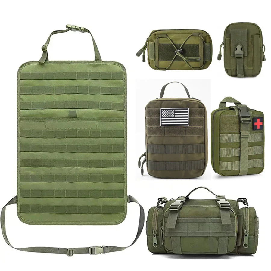 Grünes taktisches Molle-Taschen-Set, vielseitig, robust, ideal für Outdoor-Aktivitäten.