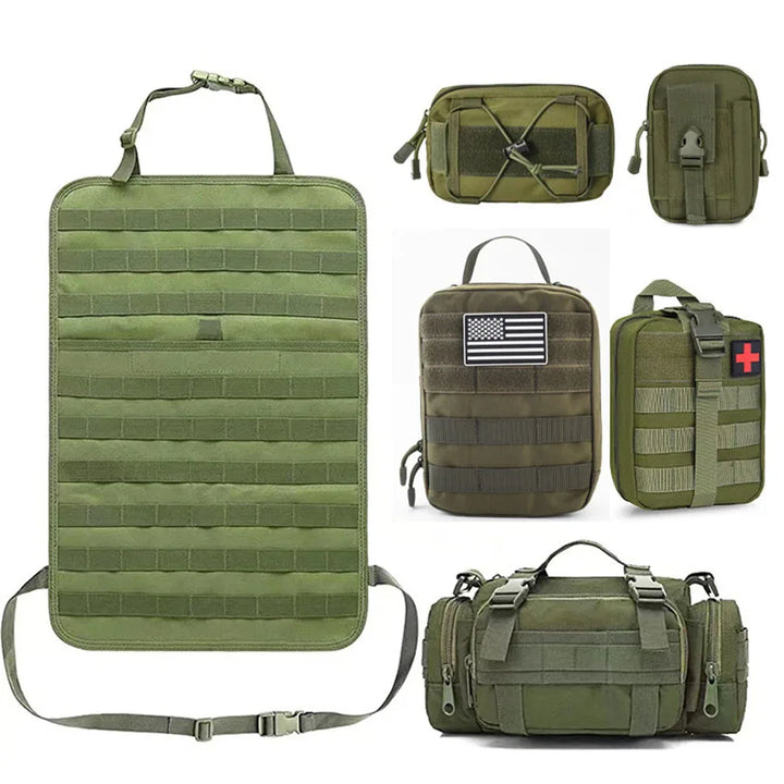 Grünes taktisches Molle-Taschen-Set, vielseitig, robust, ideal für Outdoor-Aktivitäten.