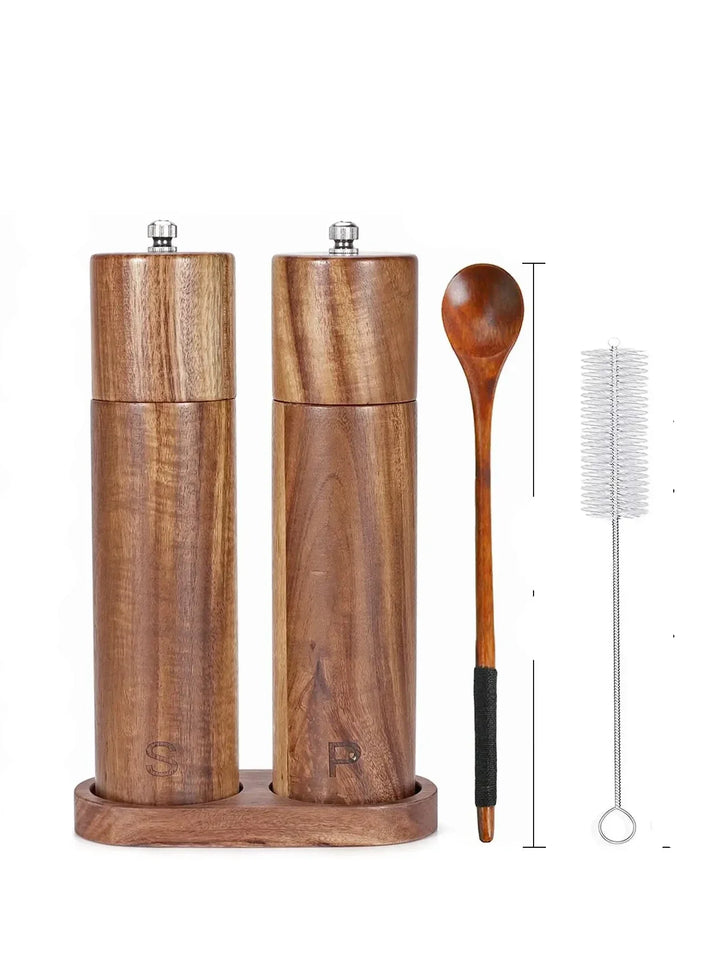 Salz- und Pfeffermühle Set Holz mit Löffel und Reinigungsbürste, Küchengeräte, modern.