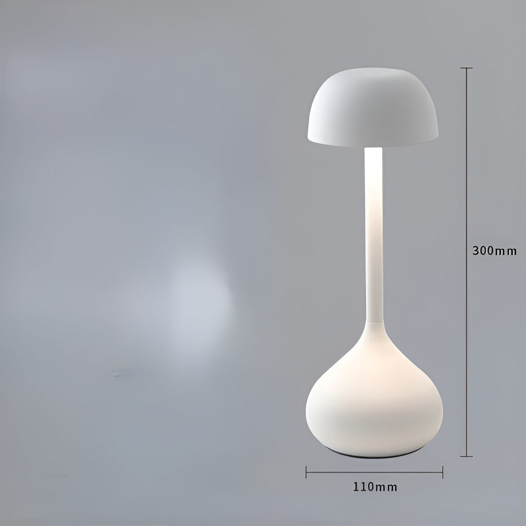 Moderne weiße LED-Tischlampe, minimalistisches Design, 300mm hoch, 110mm Basisdurchmesser.