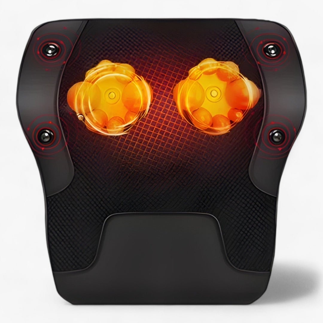 Schwarzes Shiatsu-Massagegerät mit rotierenden Massageköpfen, ergonomisch, für Rückenentspannung.